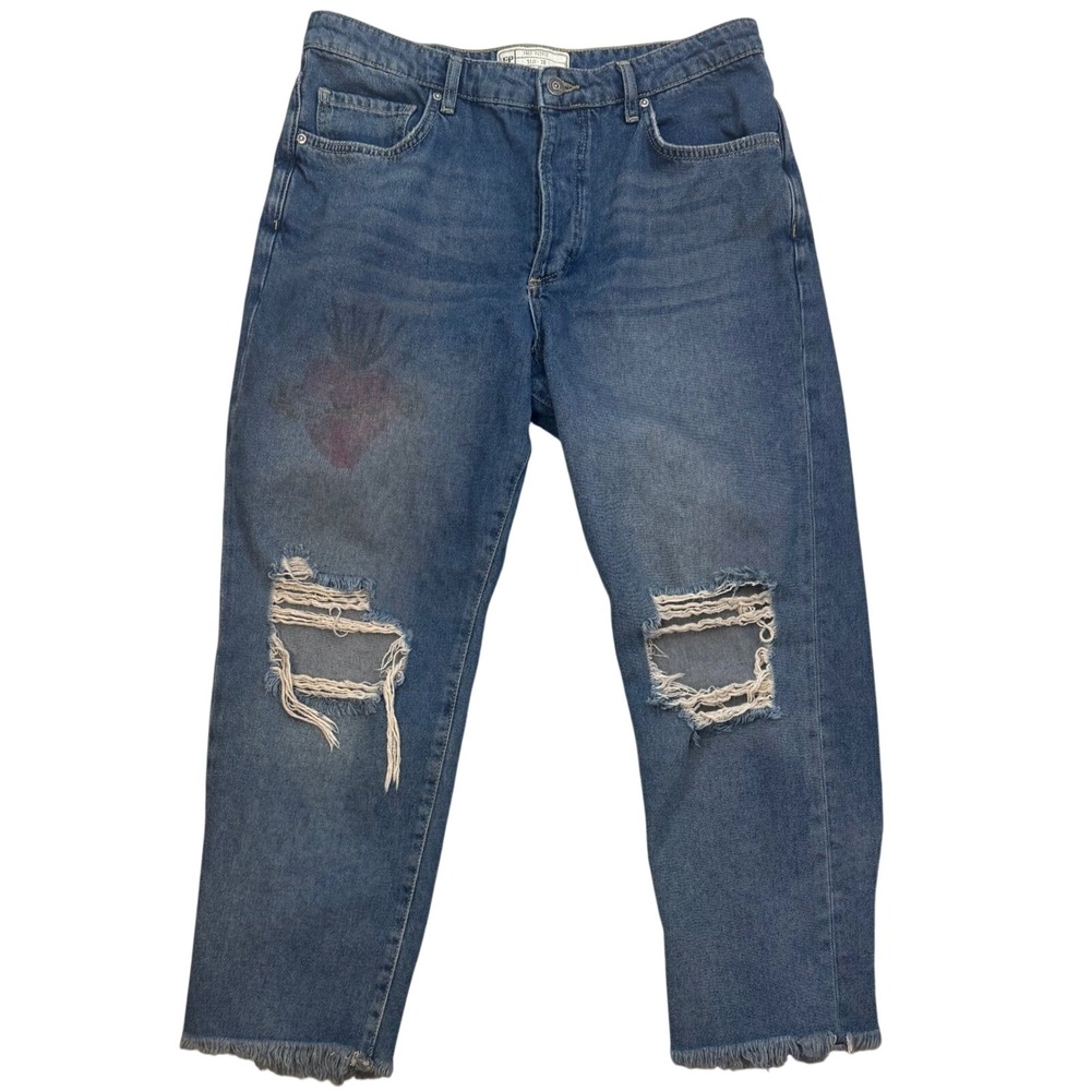 Free People Boyfriend Hi Rise Raw Hem Jeans Denim Tattooed Heart Ripped Size‎ 30